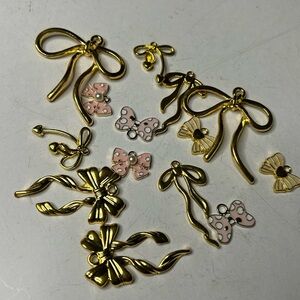 Gold Bow Charms with Pink Accents